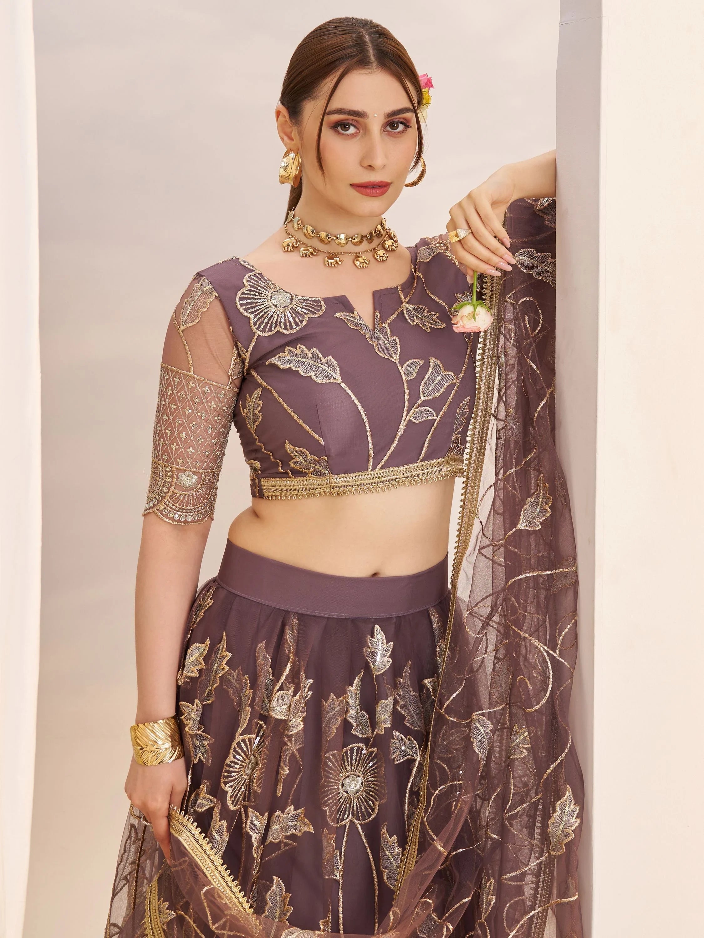 Dusty Purple Thread Work Net Engagement Wear Lehenga Choli for Women