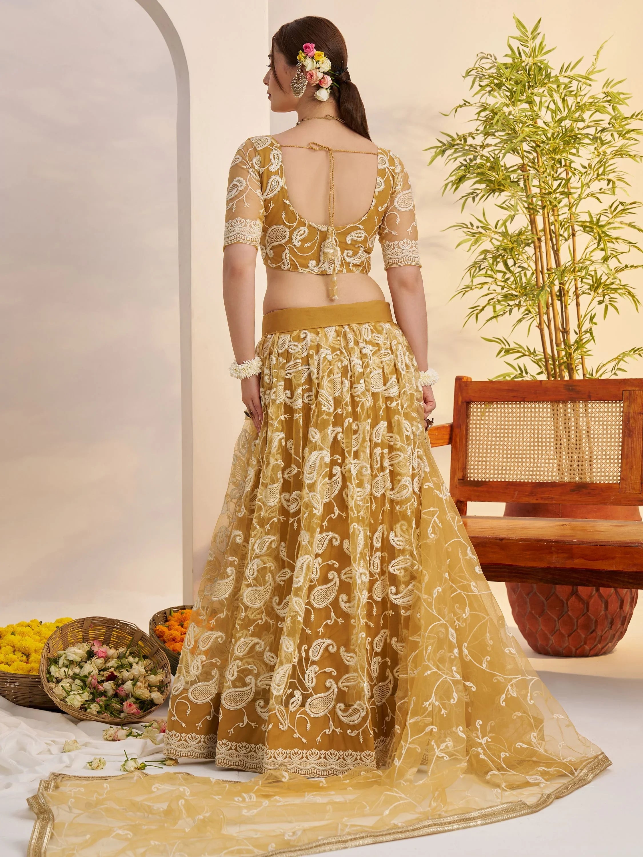 Superior Yellow Thread Embroidered Net Lehenga Choli With Dupatta for Women