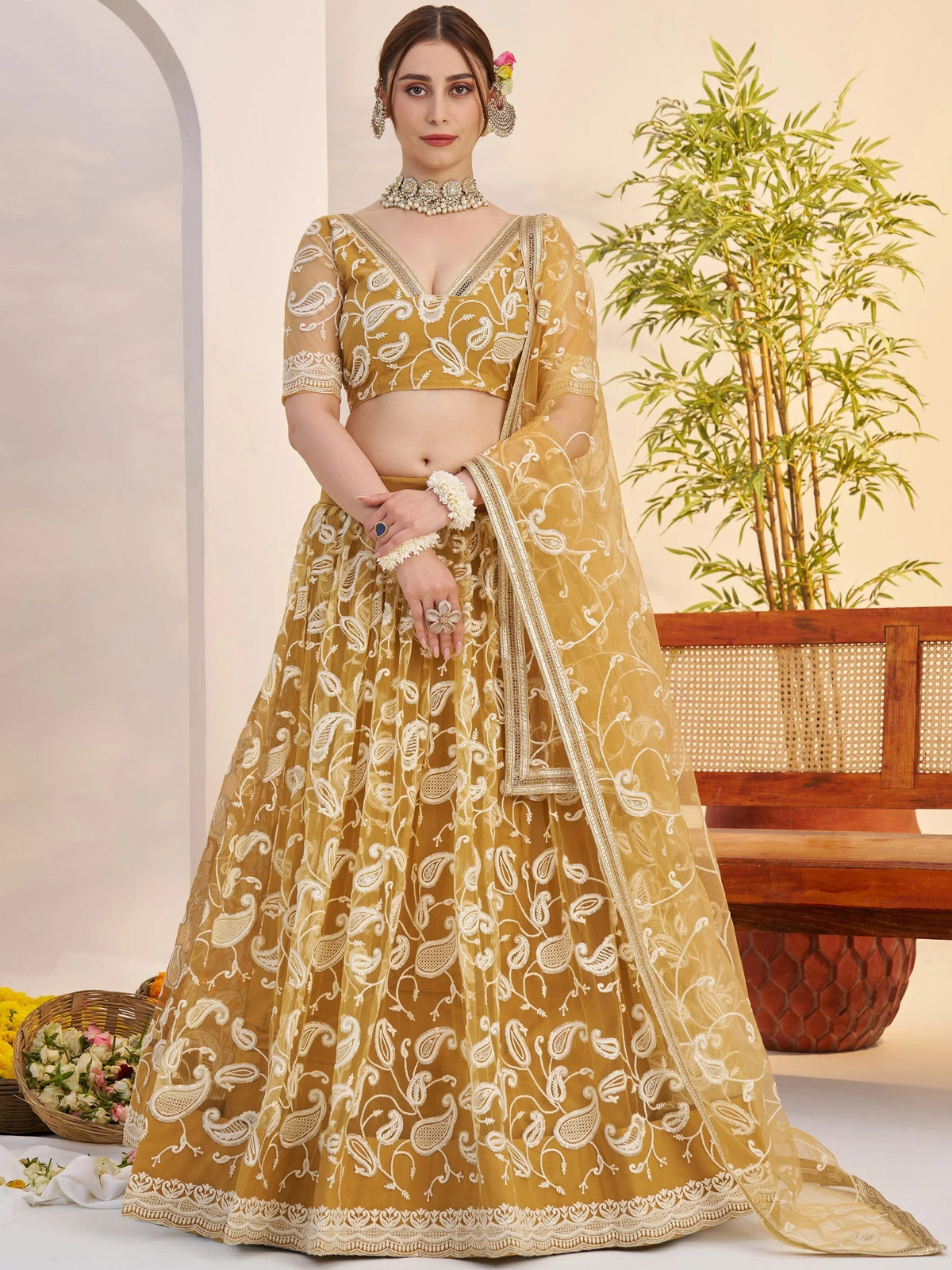 Superior Yellow Thread Embroidered Net Lehenga Choli With Dupatta for Women