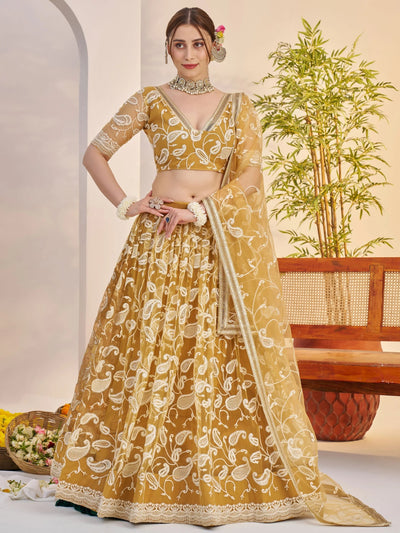 Superior Yellow Thread Embroidered Net Lehenga Choli With Dupatta for Women
