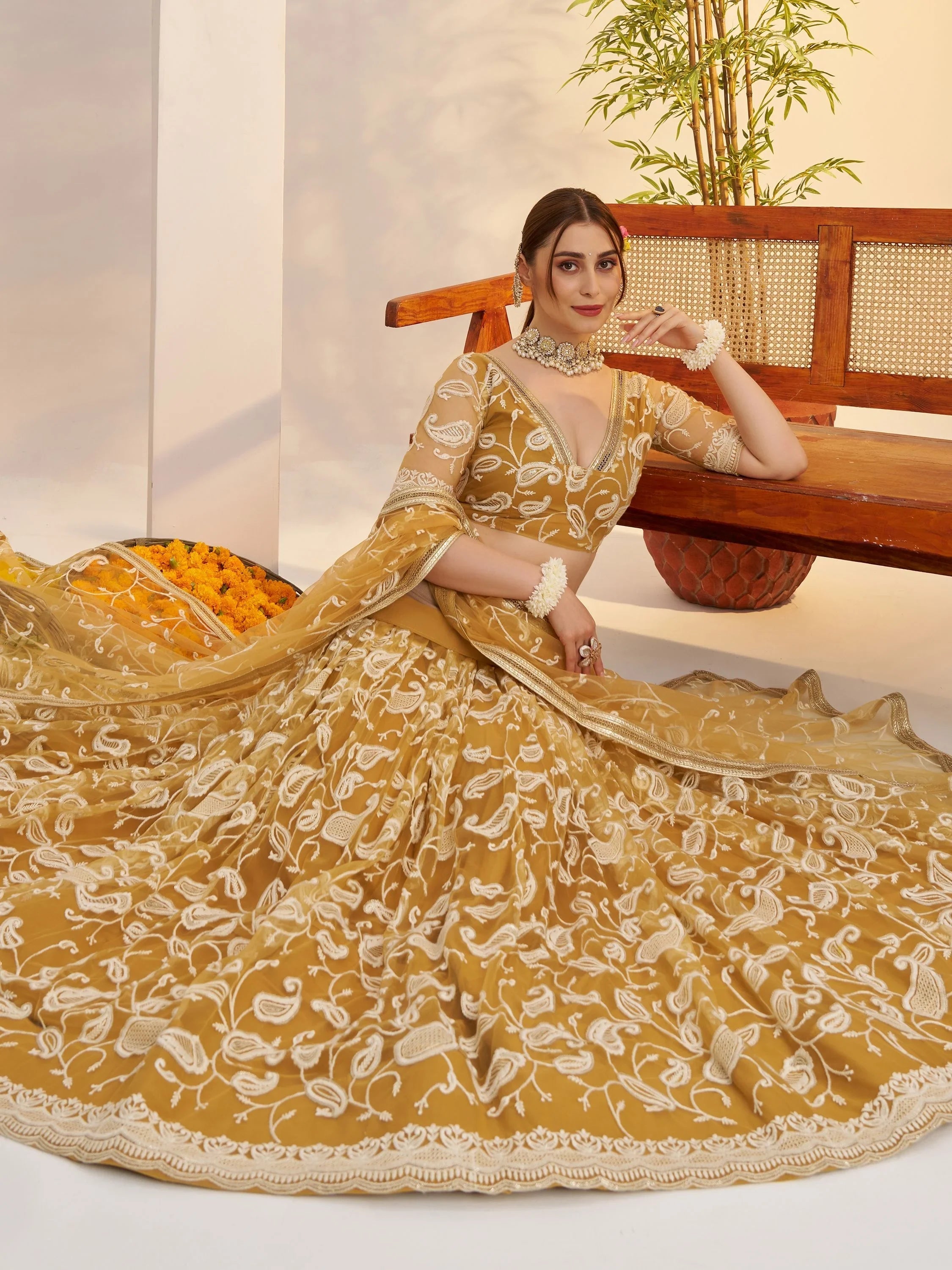 Superior Yellow Thread Embroidered Net Lehenga Choli With Dupatta for Women