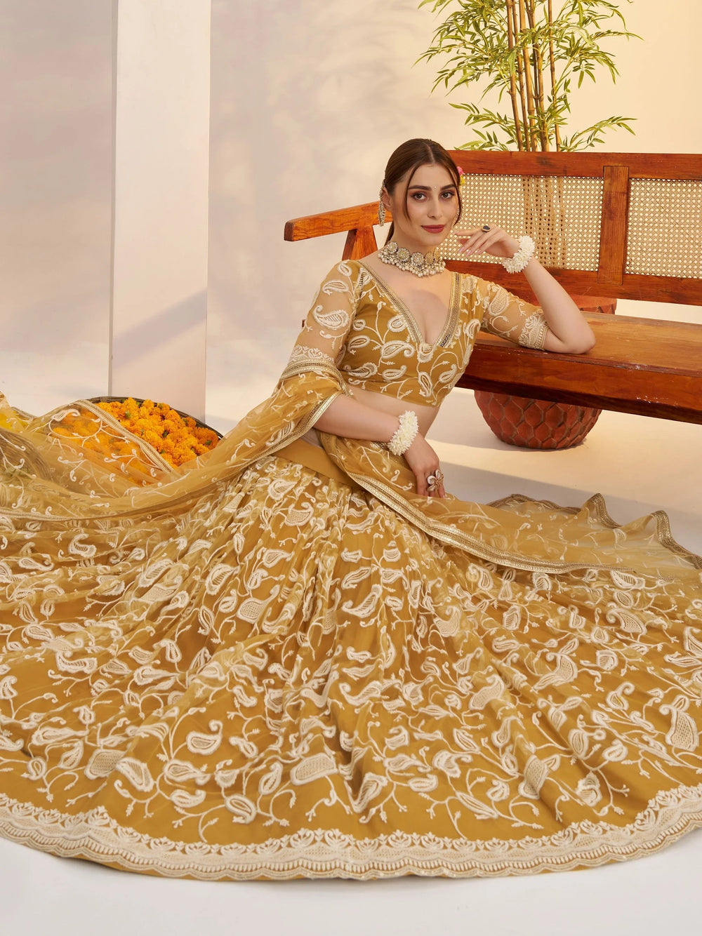 Superior Yellow Thread Embroidered Net Lehenga Choli With Dupatta for Women