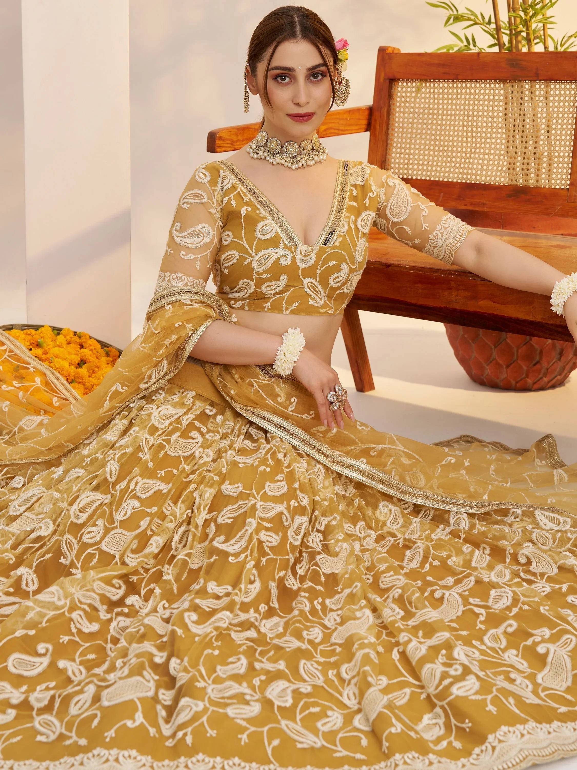 Superior Yellow Thread Embroidered Net Lehenga Choli With Dupatta for Women