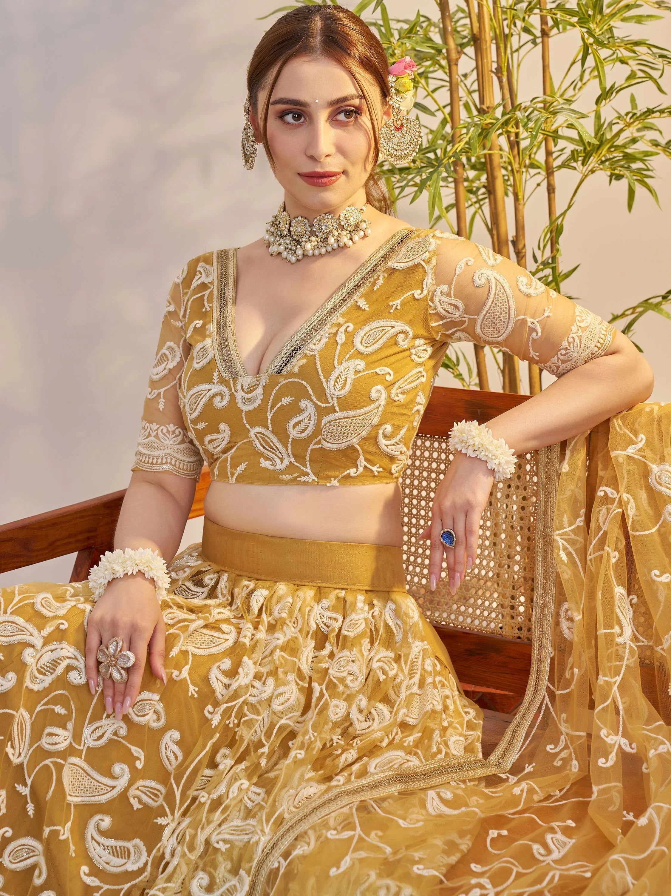 Superior Yellow Thread Embroidered Net Lehenga Choli With Dupatta for Women