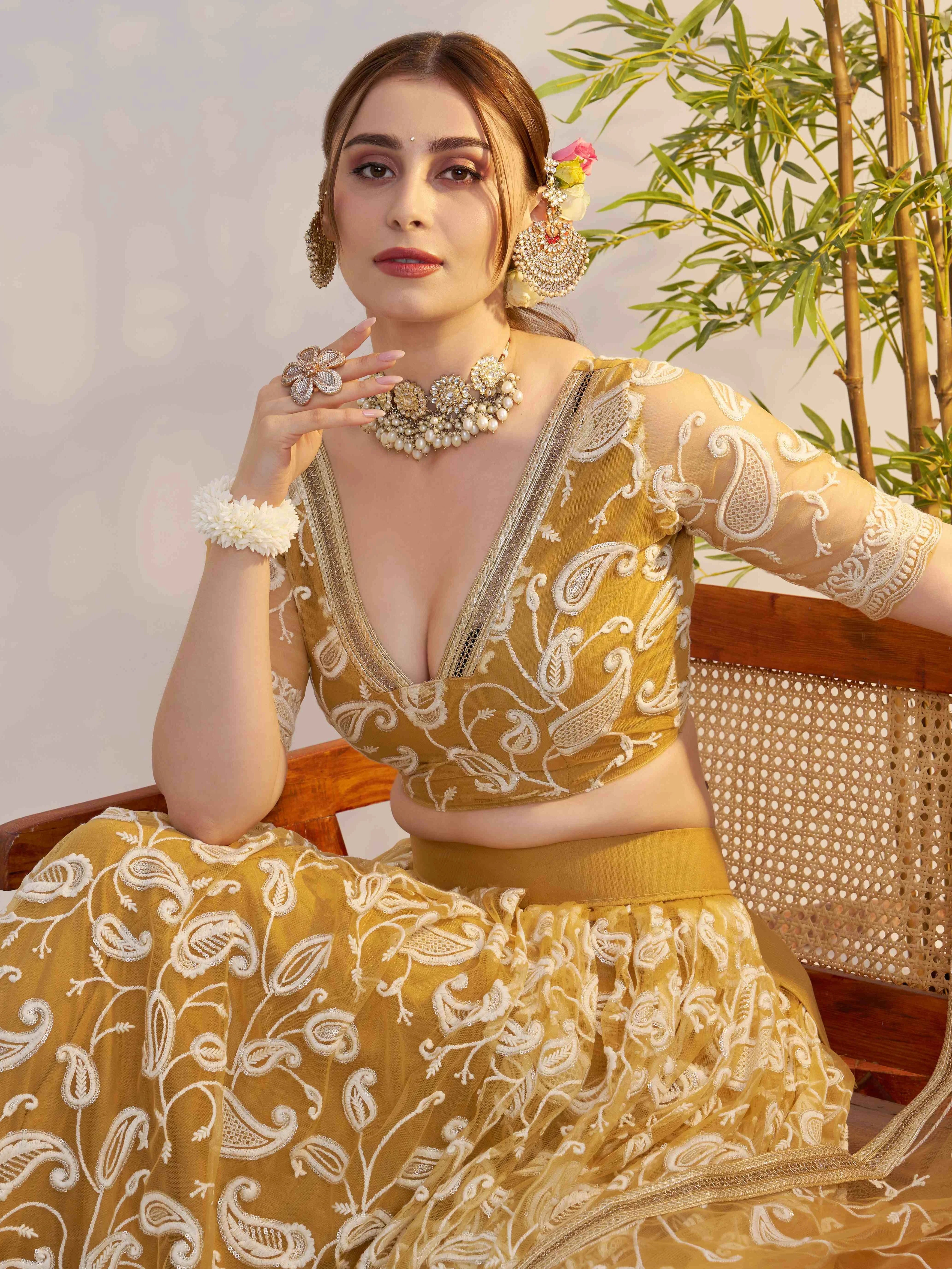 Superior Yellow Thread Embroidered Net Lehenga Choli With Dupatta for Women