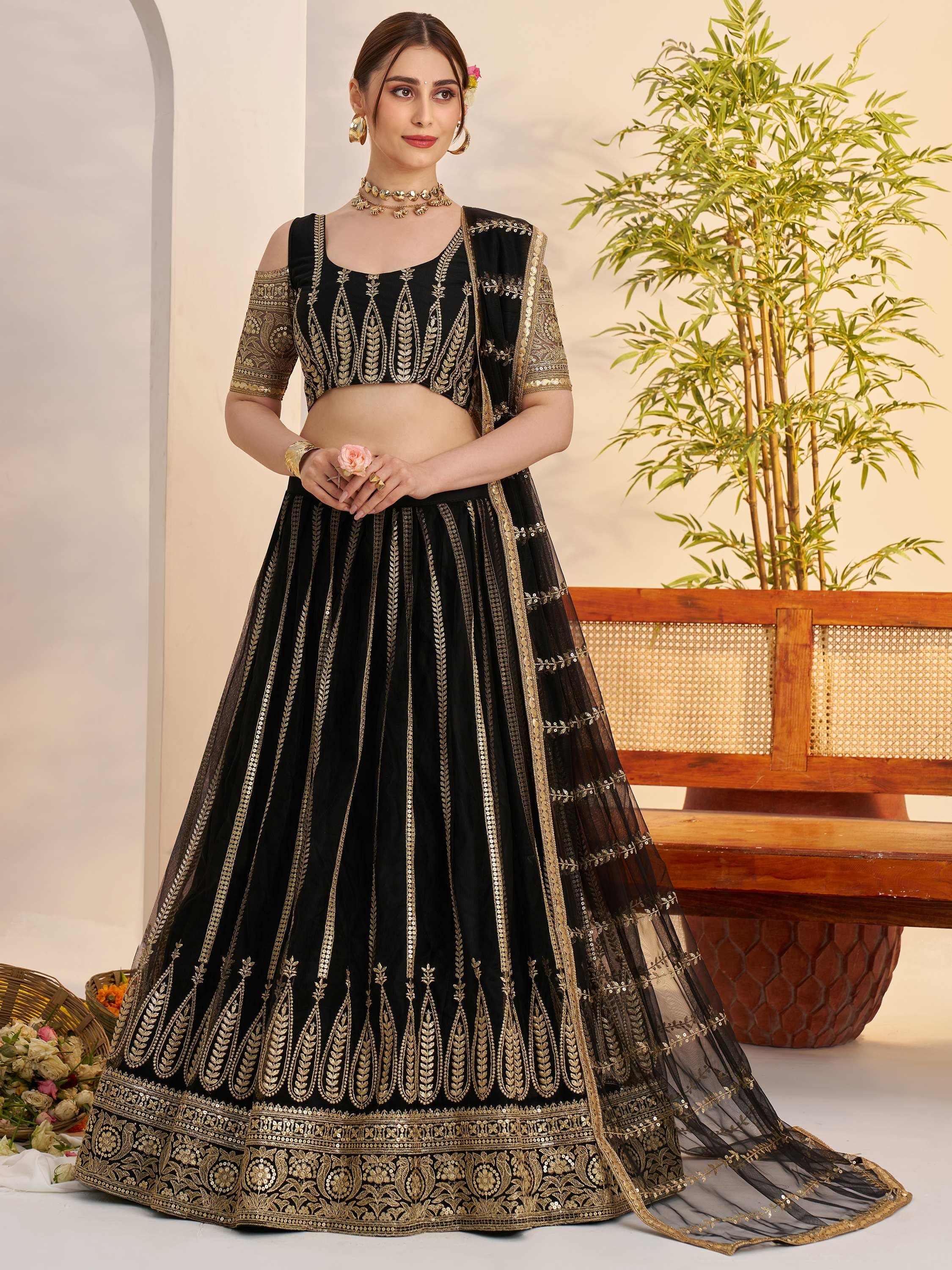 Black Sequins Net Reception Wear Lehenga Choli With Dupatta for Women