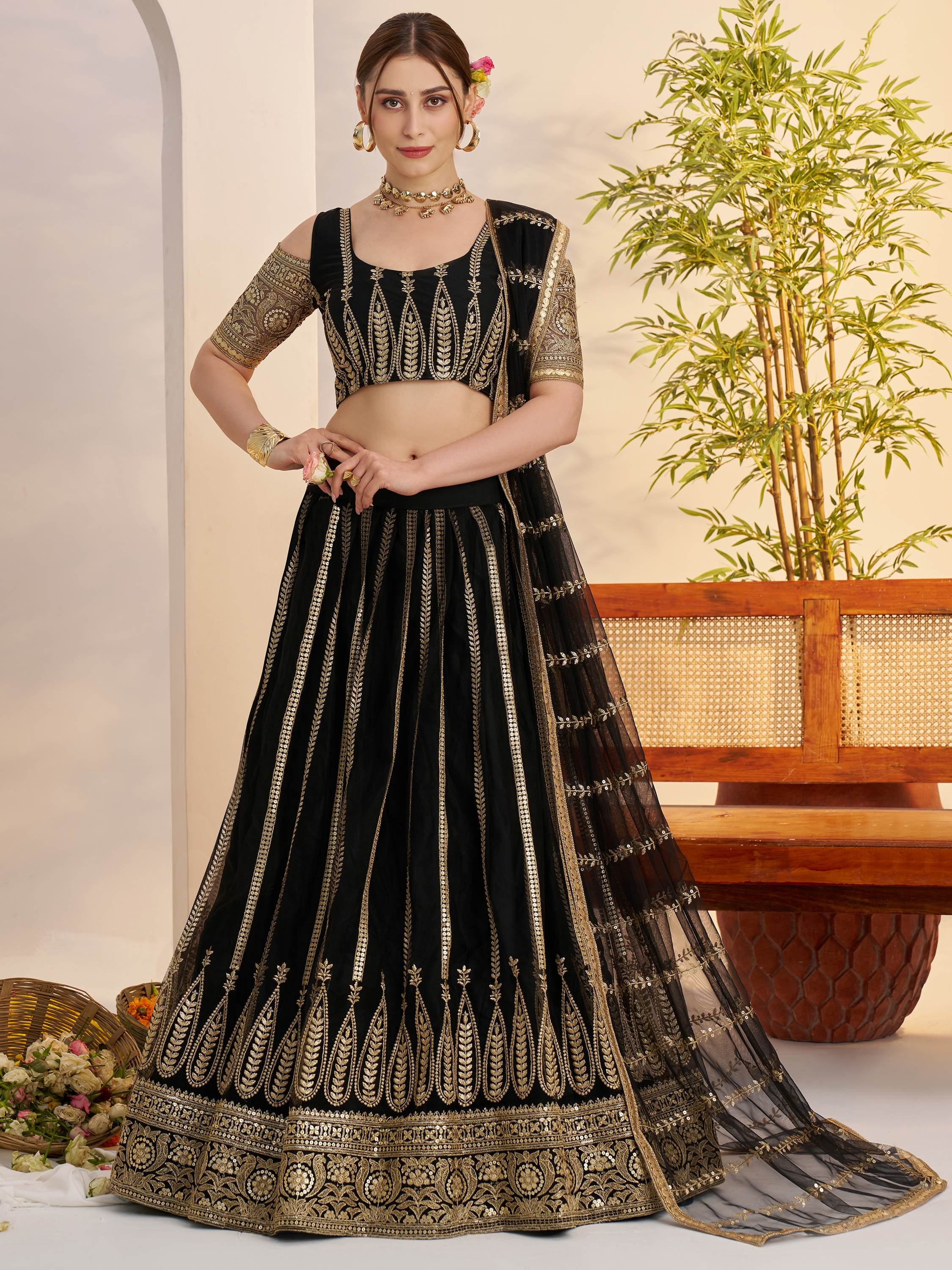 Black Sequins Net Reception Wear Lehenga Choli With Dupatta for Women