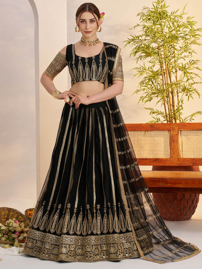 Black Sequins Net Reception Wear Lehenga Choli With Dupatta for Women