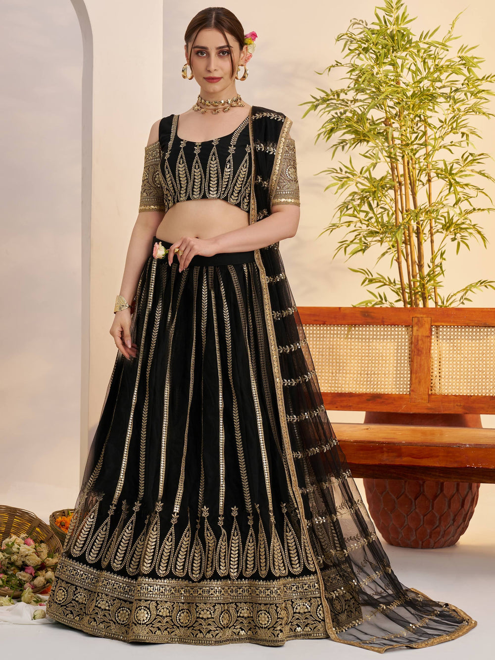 Black Sequins Net Reception Wear Lehenga Choli With Dupatta for Women