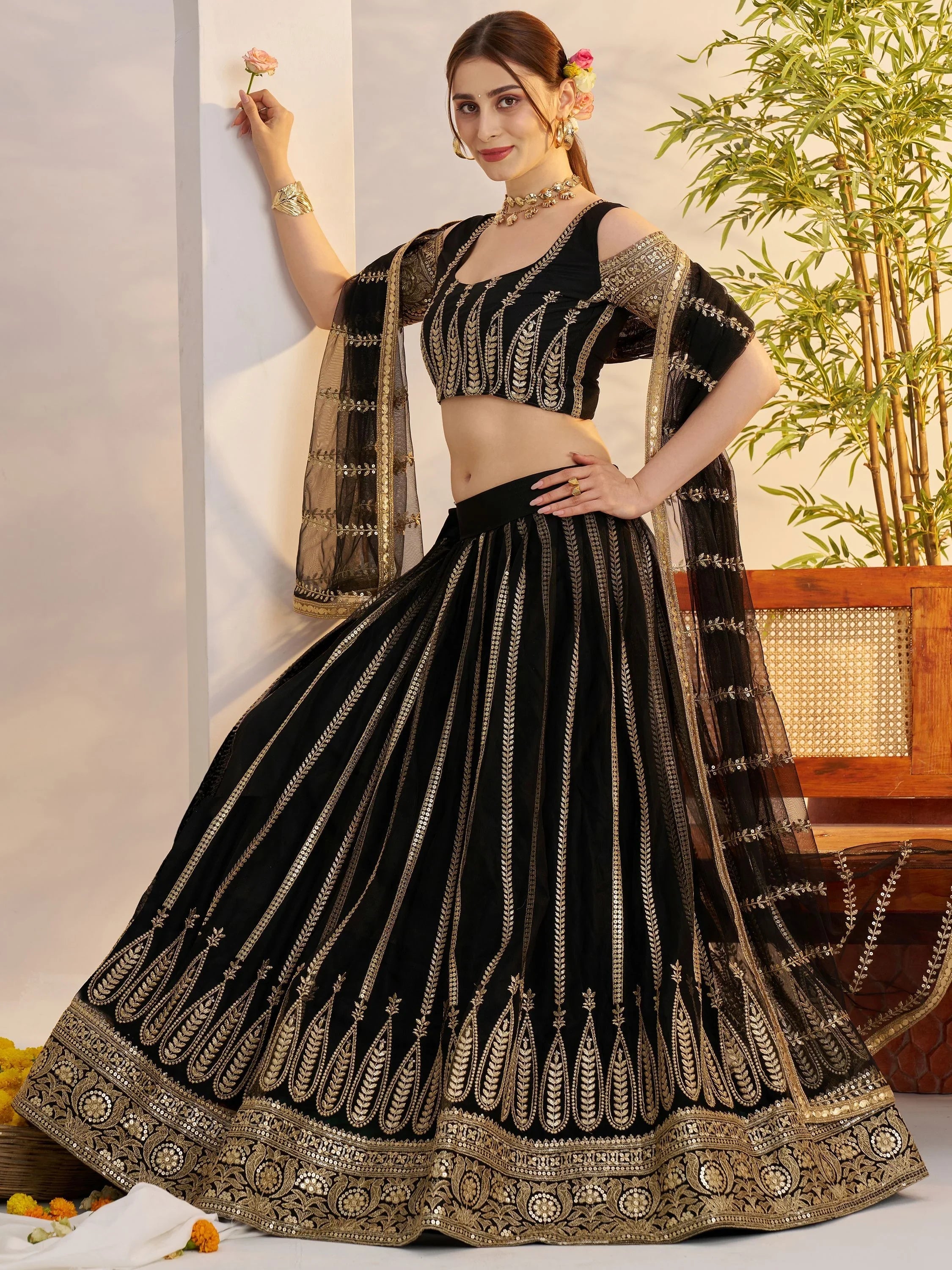 Black Sequins Net Reception Wear Lehenga Choli With Dupatta for Women