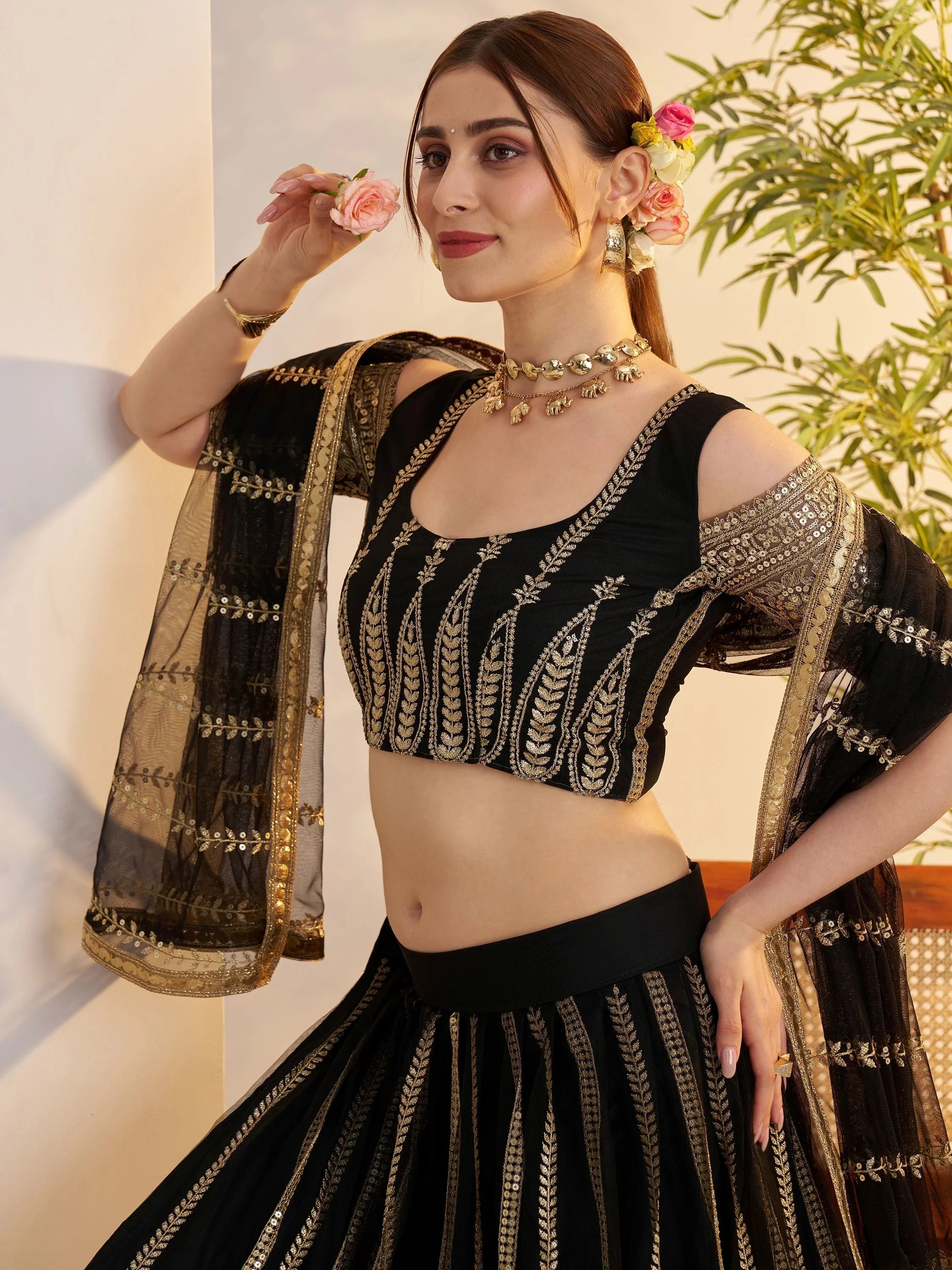 Black Sequins Net Reception Wear Lehenga Choli With Dupatta for Women