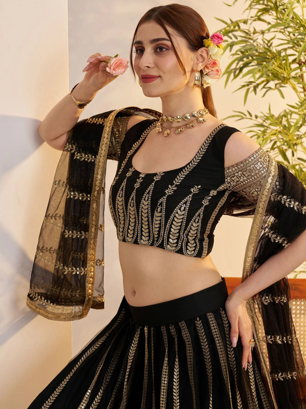 Black Sequins Net Reception Wear Lehenga Choli With Dupatta for Women