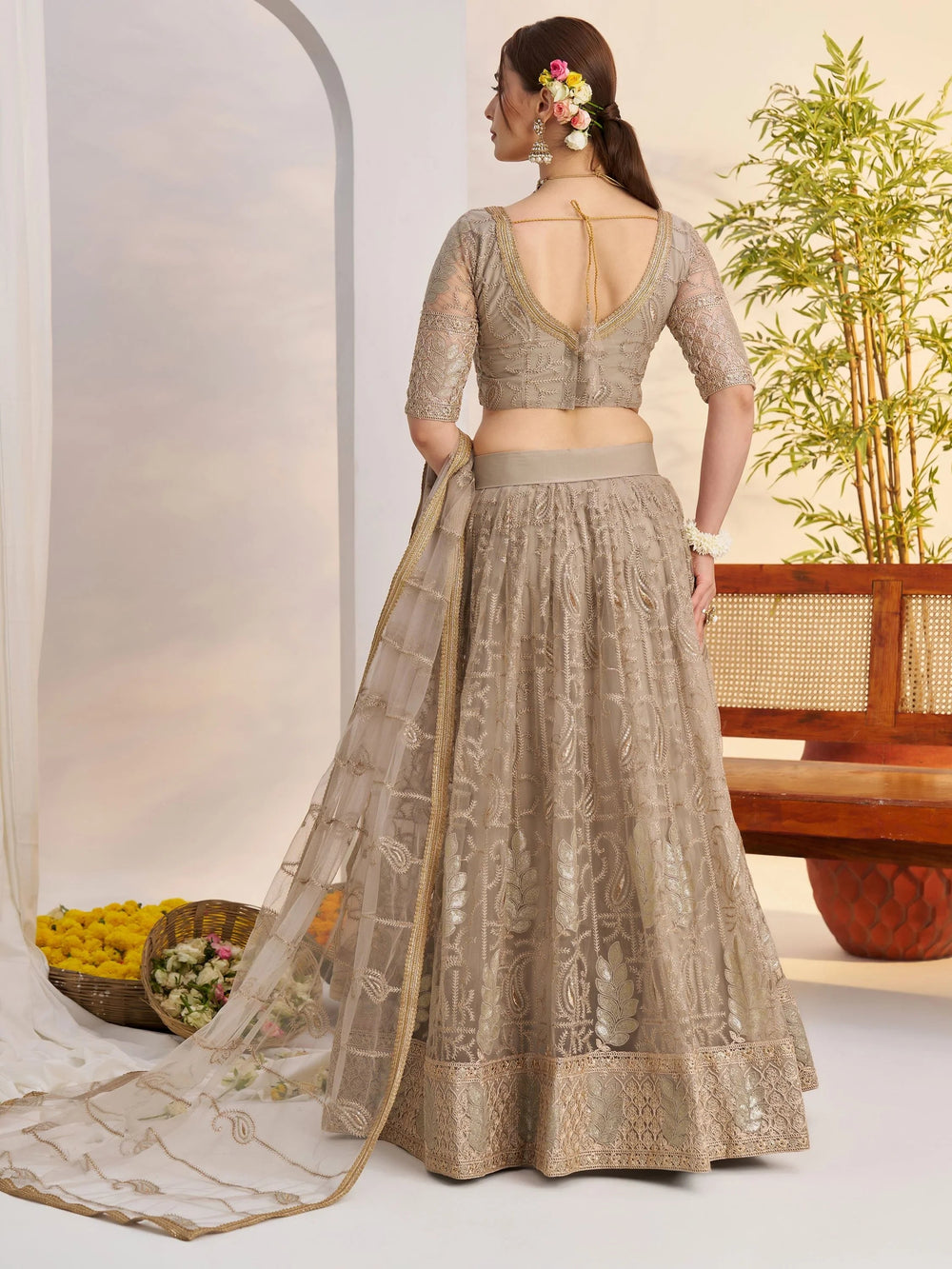 Gleaming Gray Sequins Net Bridesmaid Lehenga Choli With Dupatta for Women