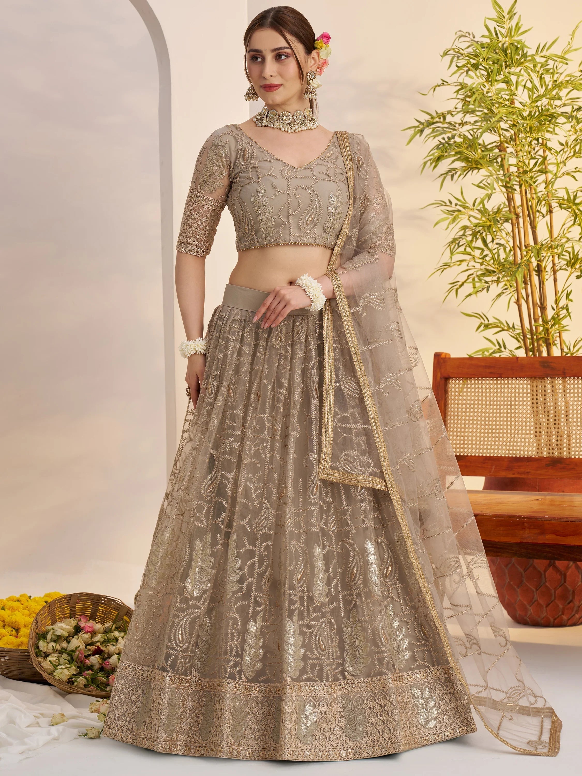 Gleaming Gray Sequins Net Bridesmaid Lehenga Choli With Dupatta for Women