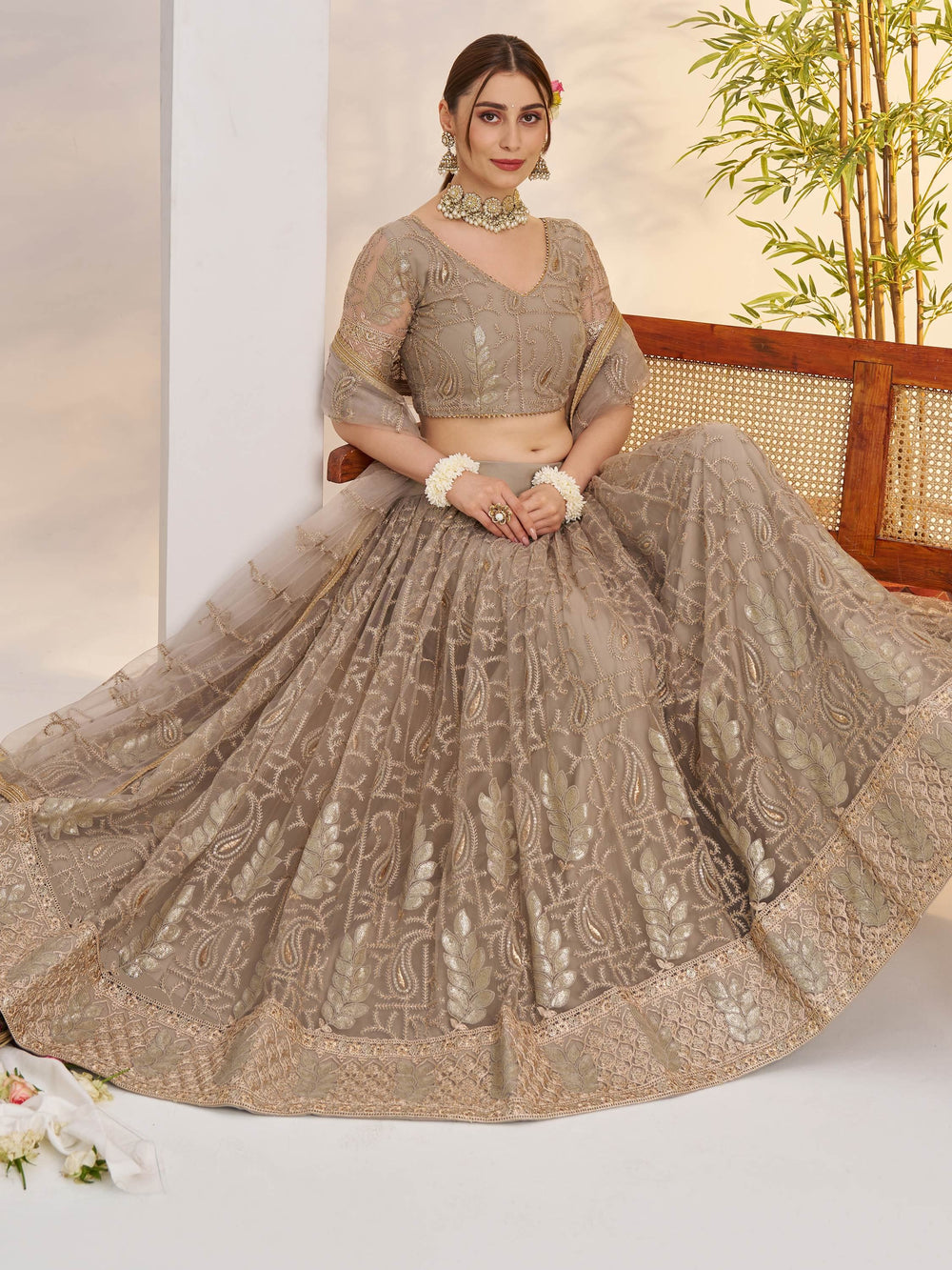 Gleaming Gray Sequins Net Bridesmaid Lehenga Choli With Dupatta for Women