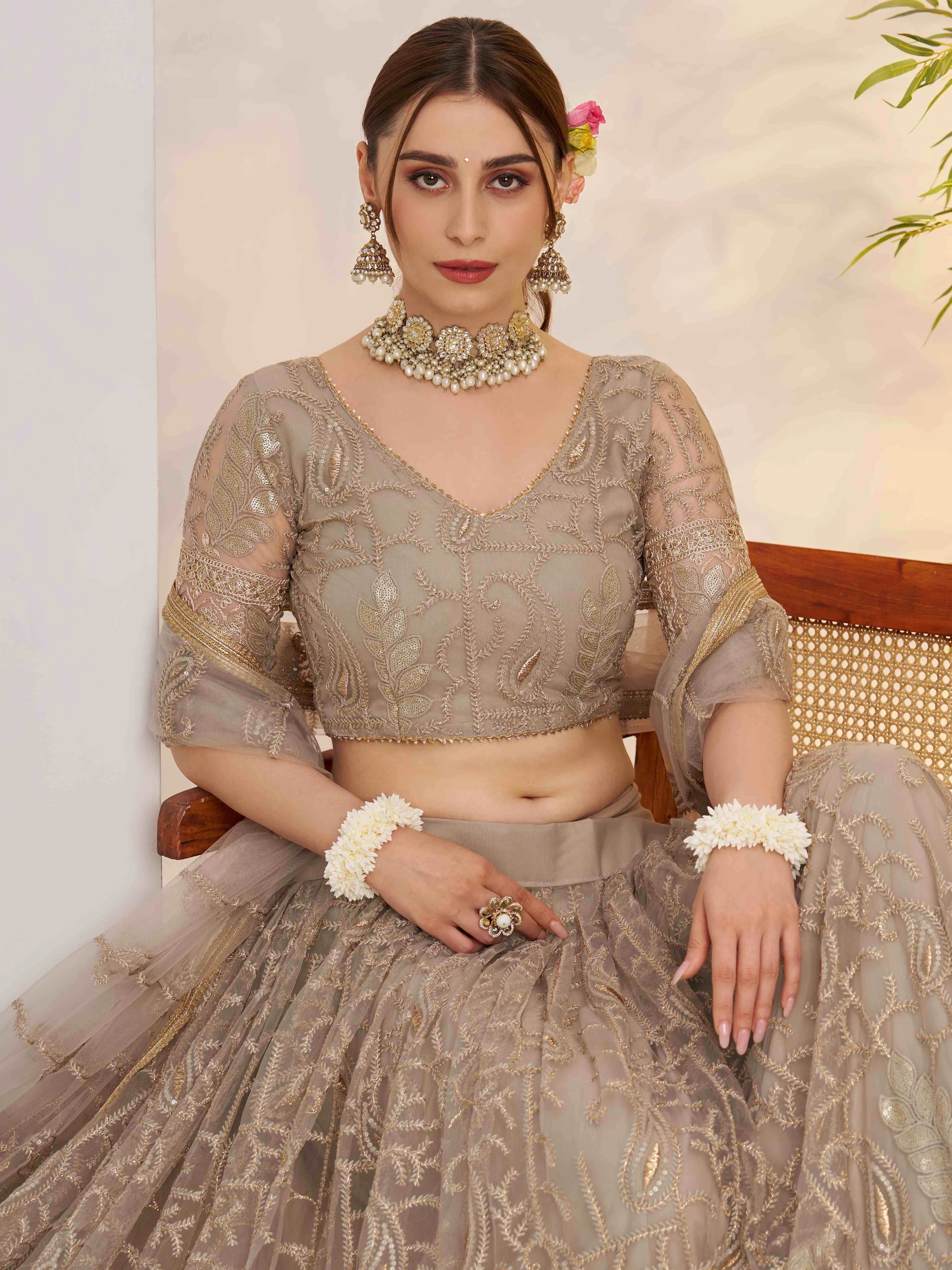 Gleaming Gray Sequins Net Bridesmaid Lehenga Choli With Dupatta for Women