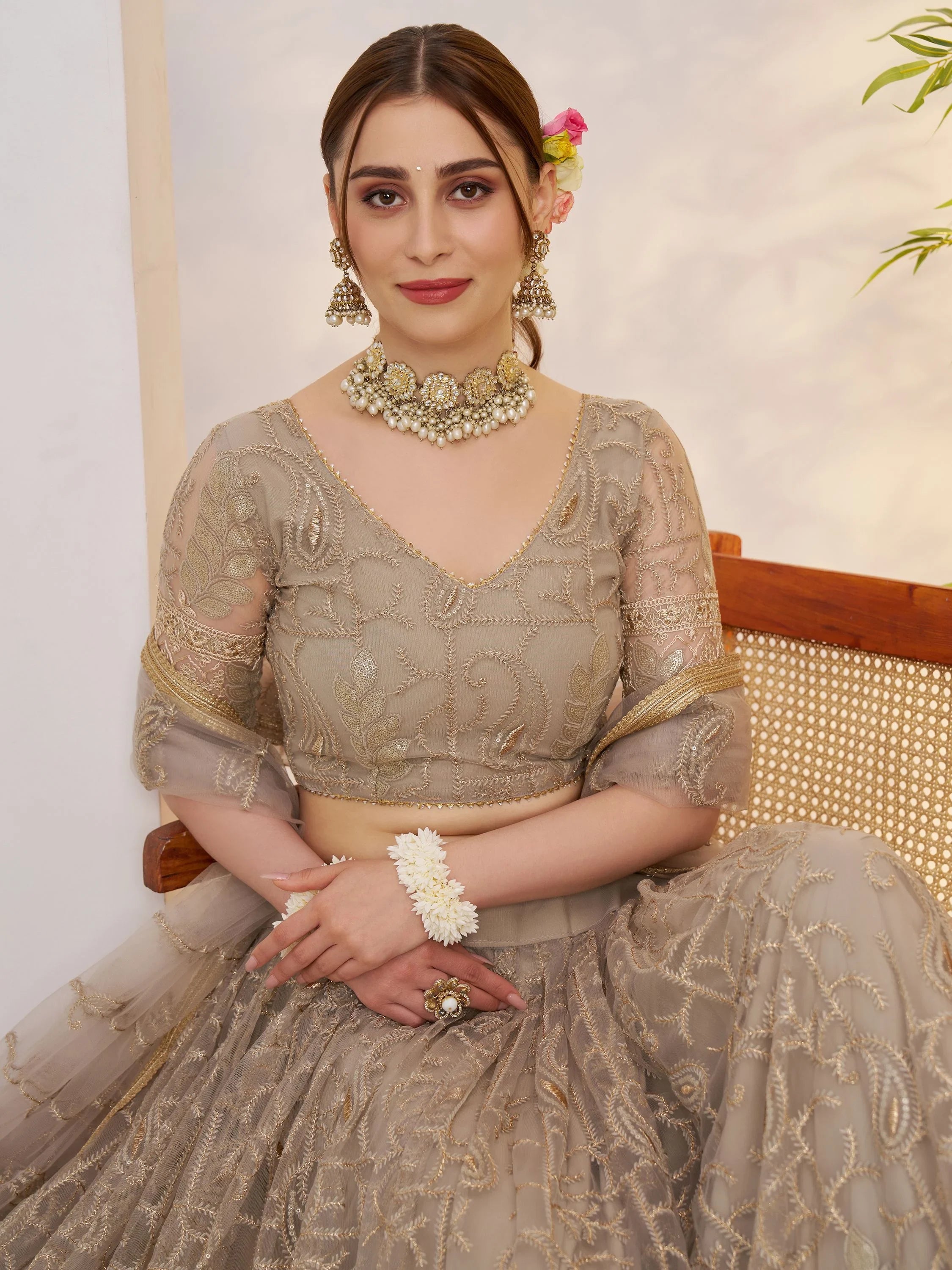 Gleaming Gray Sequins Net Bridesmaid Lehenga Choli With Dupatta for Women