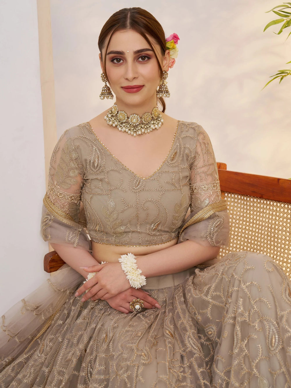 Gleaming Gray Sequins Net Bridesmaid Lehenga Choli With Dupatta for Women