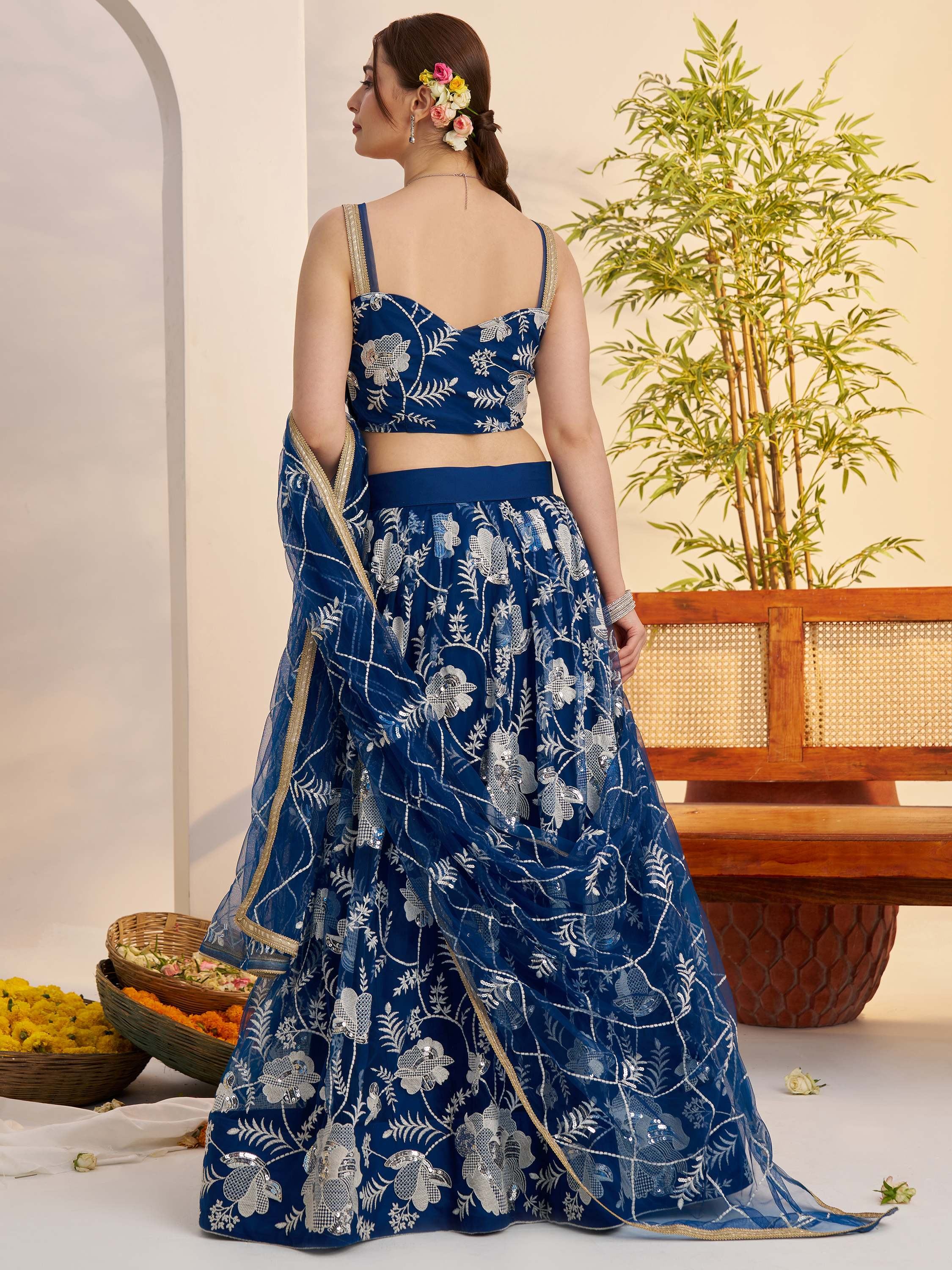 Teal Blue Thread Embroidered Net Party Wear Lehenga Choli for Women