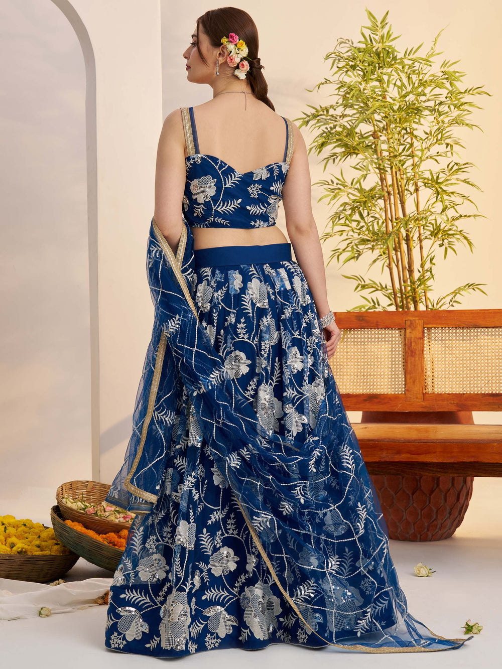 Teal Blue Thread Embroidered Net Party Wear Lehenga Choli for Women