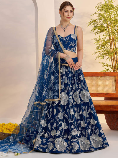 Teal Blue Thread Embroidered Net Party Wear Lehenga Choli for Women