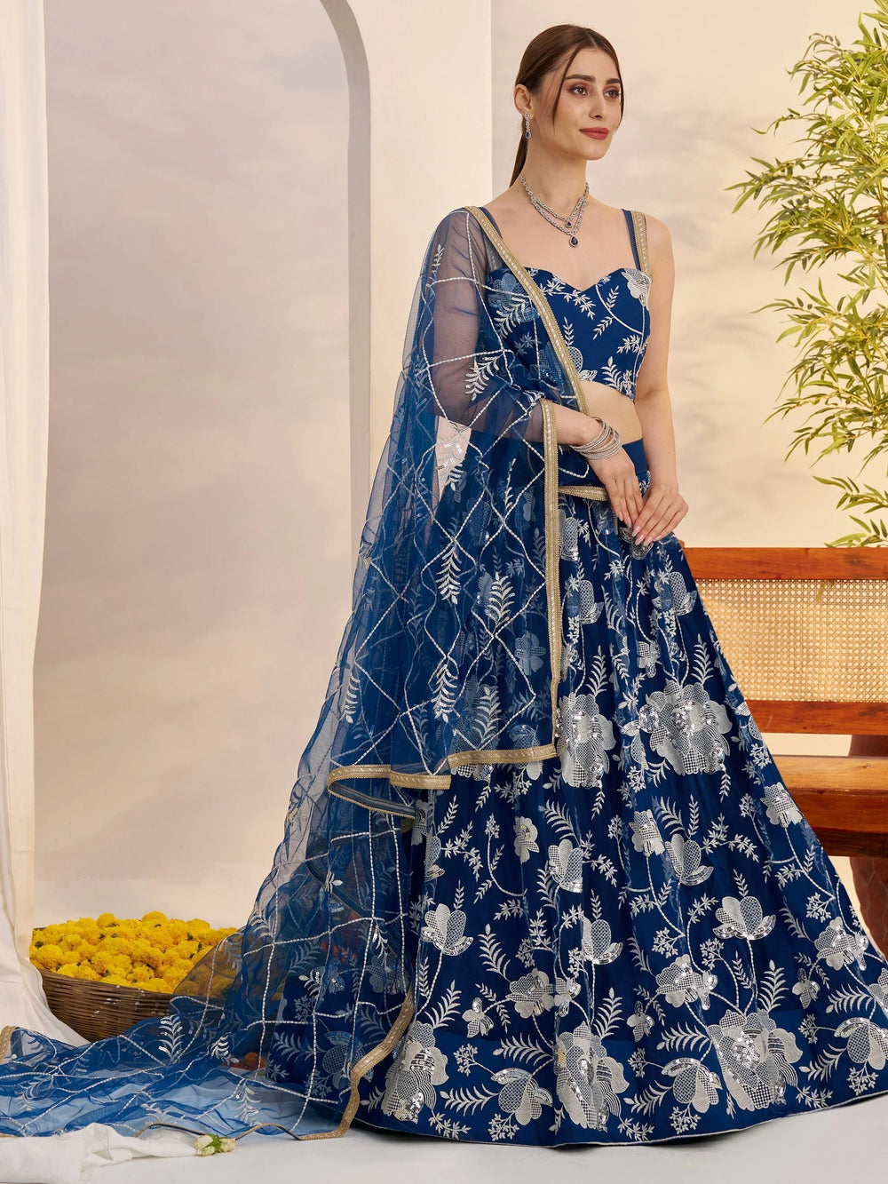 Teal Blue Thread Embroidered Net Party Wear Lehenga Choli for Women