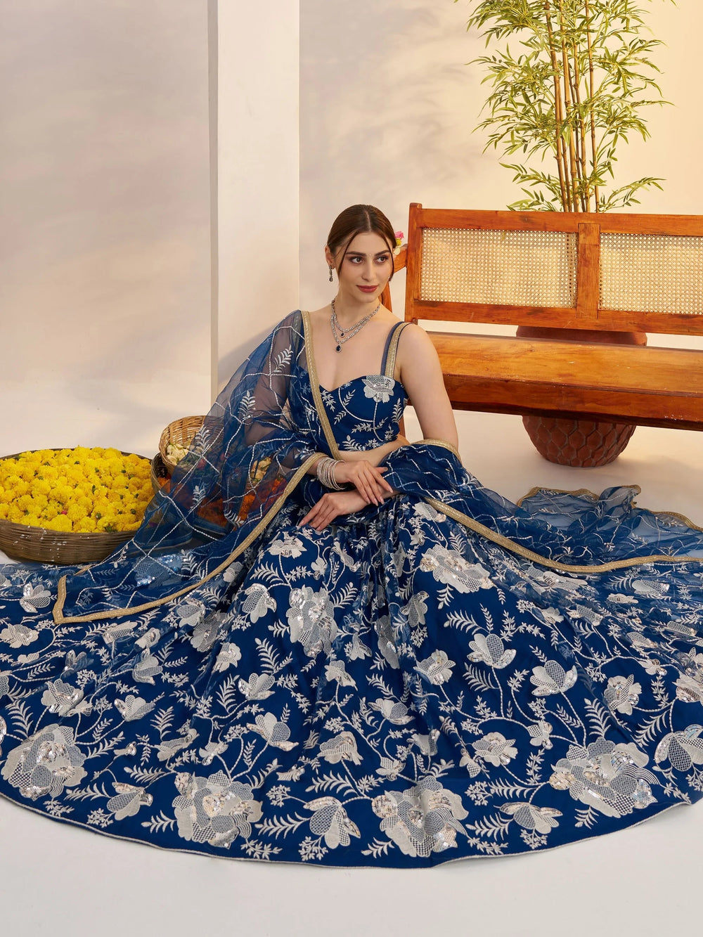 Teal Blue Thread Embroidered Net Party Wear Lehenga Choli for Women