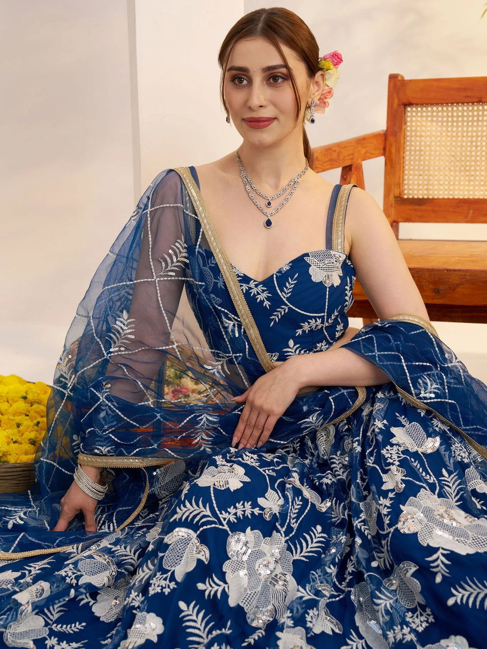 Teal Blue Thread Embroidered Net Party Wear Lehenga Choli for Women