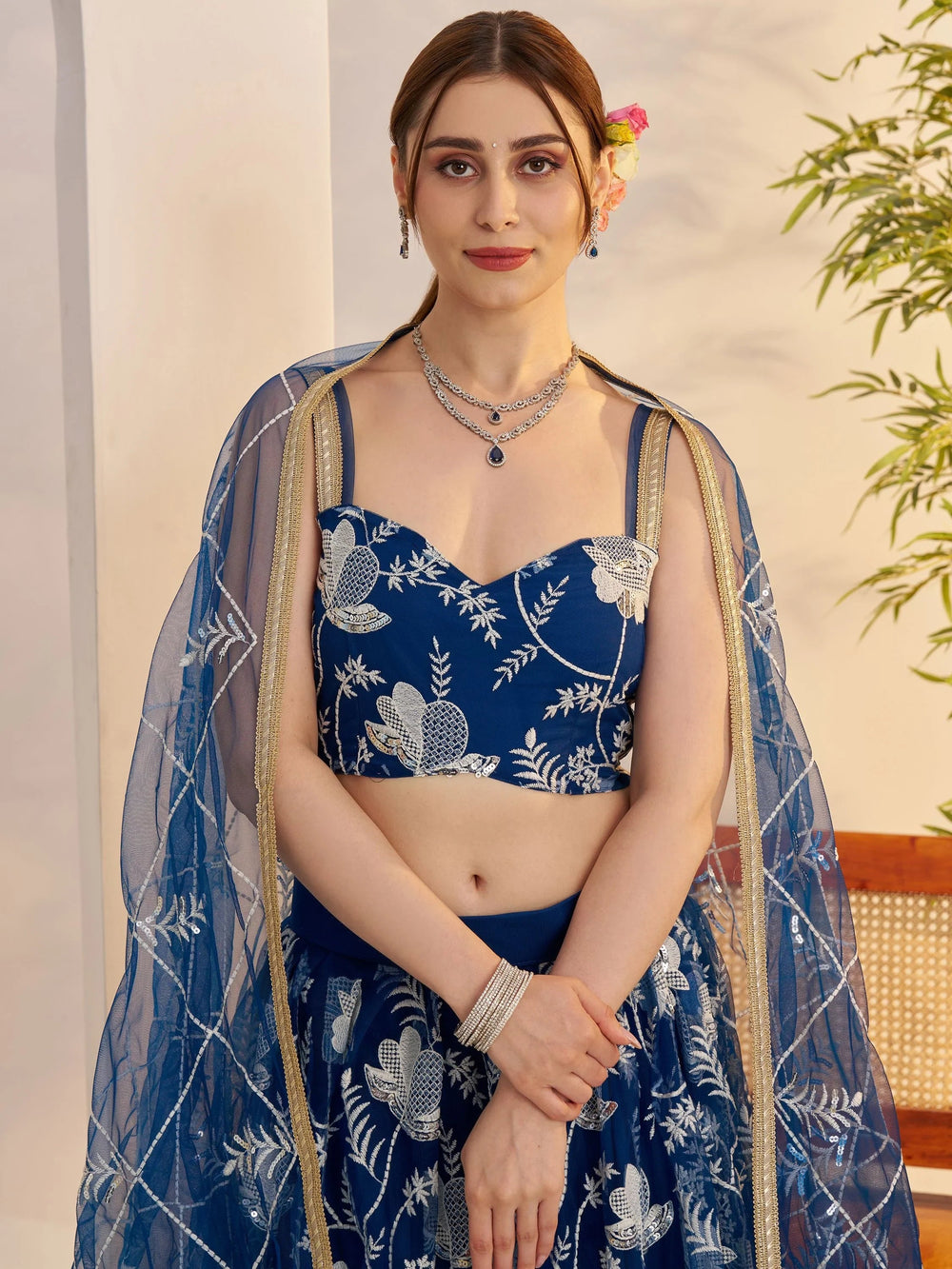Teal Blue Thread Embroidered Net Party Wear Lehenga Choli for Women
