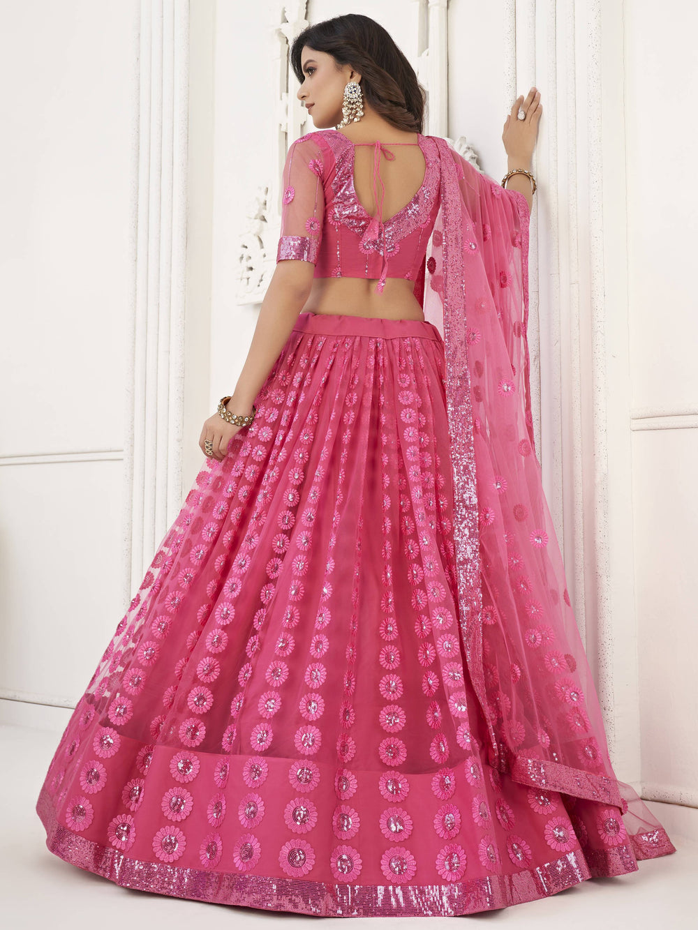 Pink Sequins Net Reception Wear Wear Lehenga Choli for Women