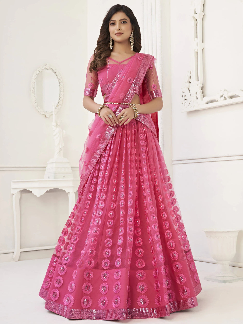 Pink Sequins Net Reception Wear Wear Lehenga Choli for Women