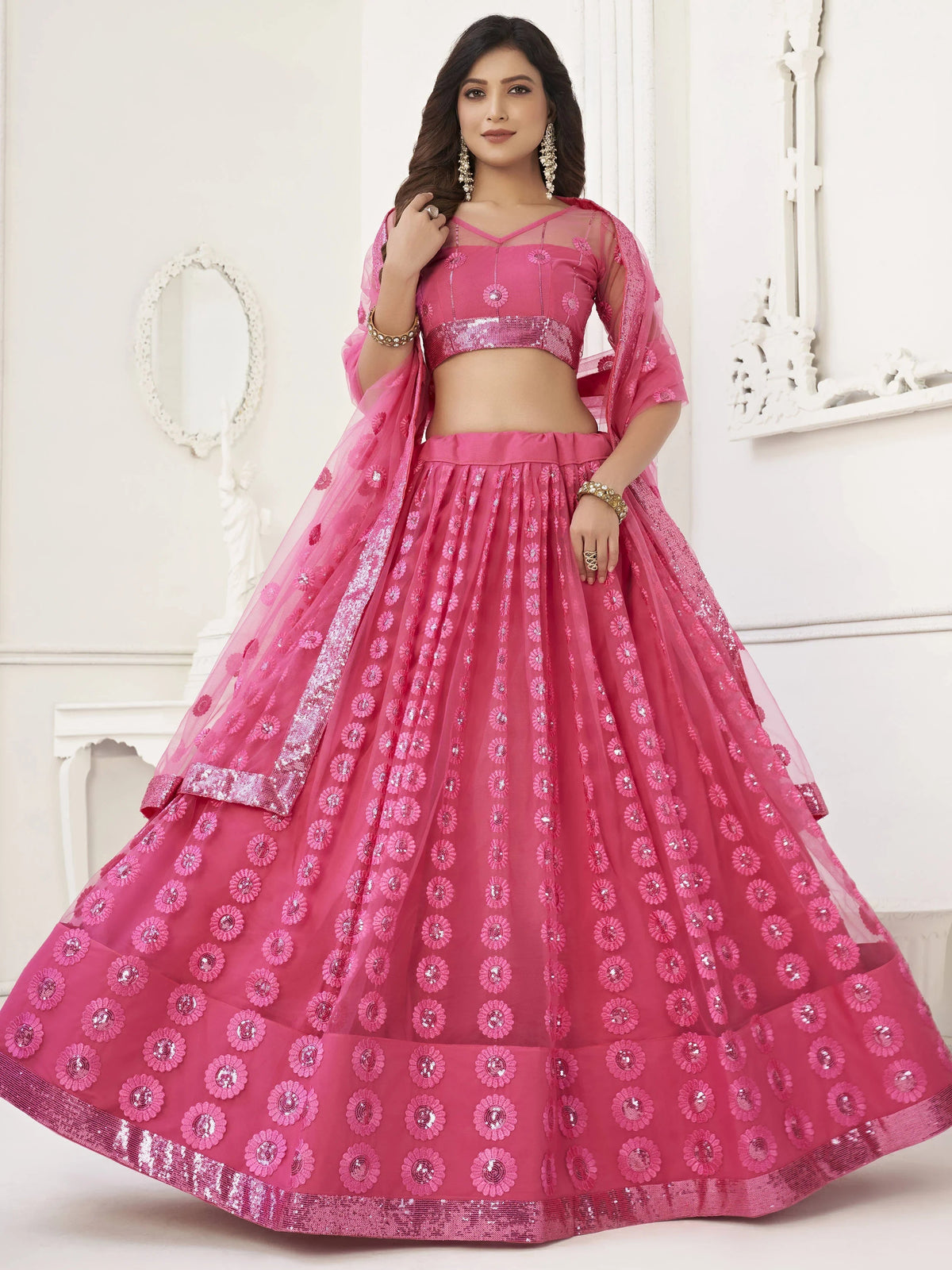Pink Sequins Net Reception Wear Wear Lehenga Choli for Women