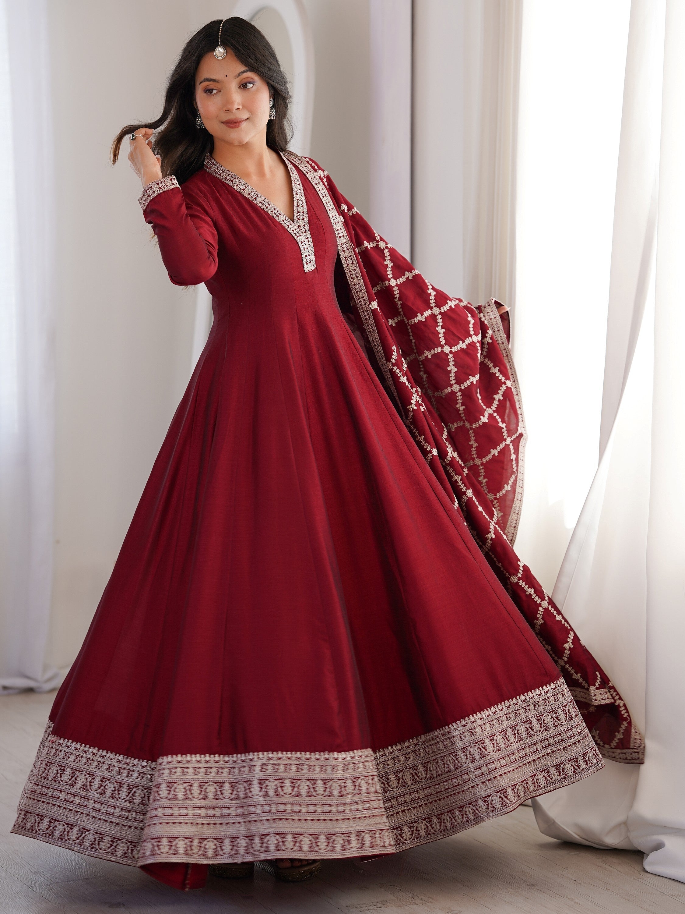 Glamorous Maroon Embroidered Silk Festival Wear Gown With Dupatta for Women