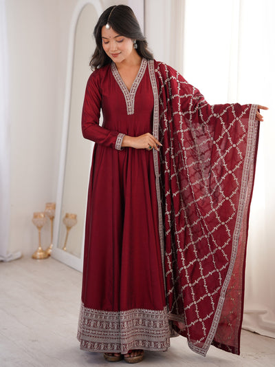 Glamorous Maroon Embroidered Silk Festival Wear Gown With Dupatta for Women