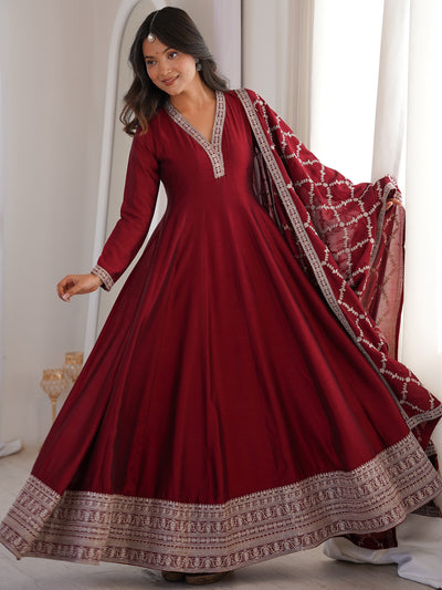 Glamorous Maroon Embroidered Silk Festival Wear Gown With Dupatta for Women