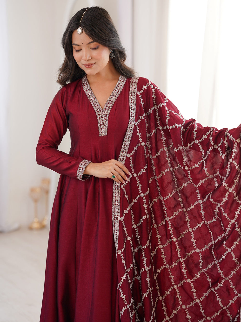 Glamorous Maroon Embroidered Silk Festival Wear Gown With Dupatta for Women