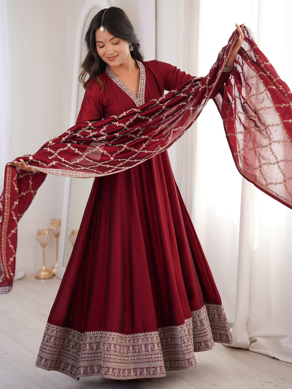 Glamorous Maroon Embroidered Silk Festival Wear Gown With Dupatta for Women