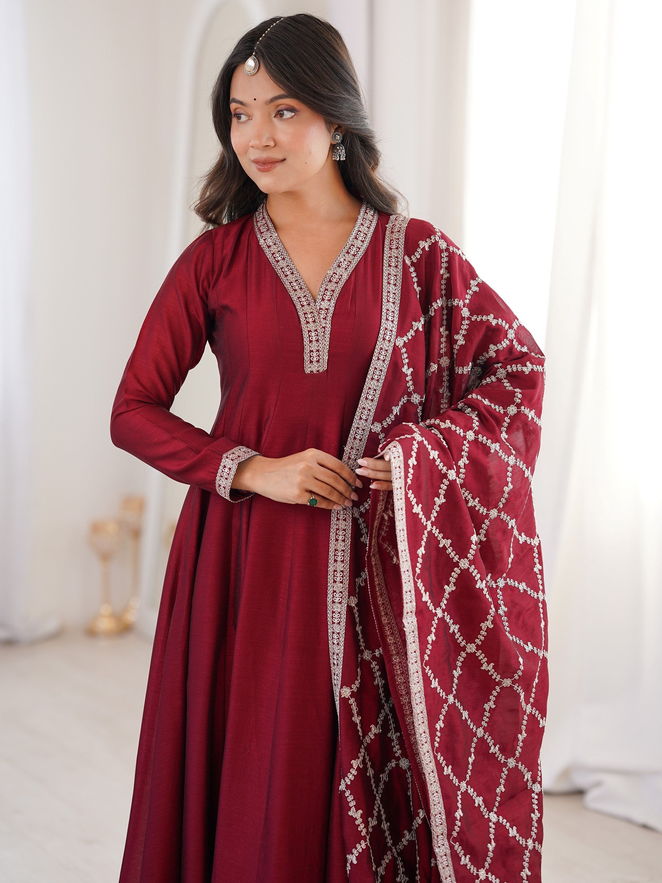 Glamorous Maroon Embroidered Silk Festival Wear Gown With Dupatta for Women