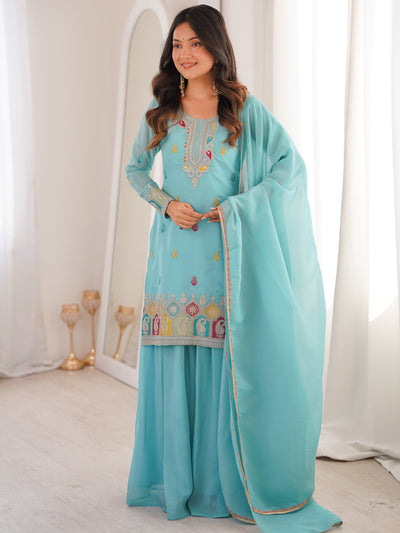 Sky Blue Zari Embroidered Silk Festival Wear Sharara Suit for Women