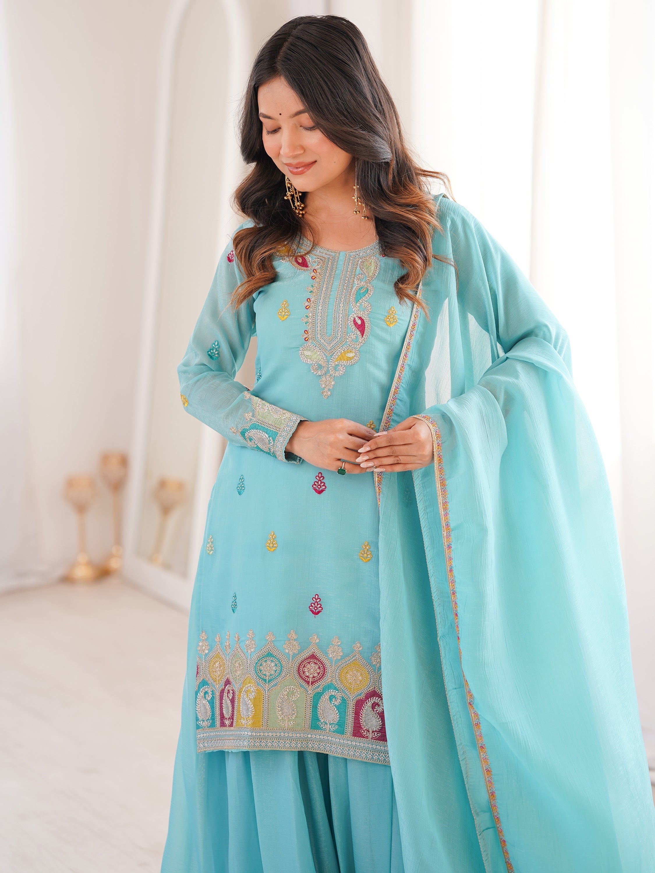 Sky Blue Zari Embroidered Silk Festival Wear Sharara Suit for Women