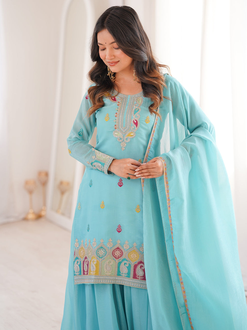 Sky Blue Zari Embroidered Silk Festival Wear Sharara Suit for Women