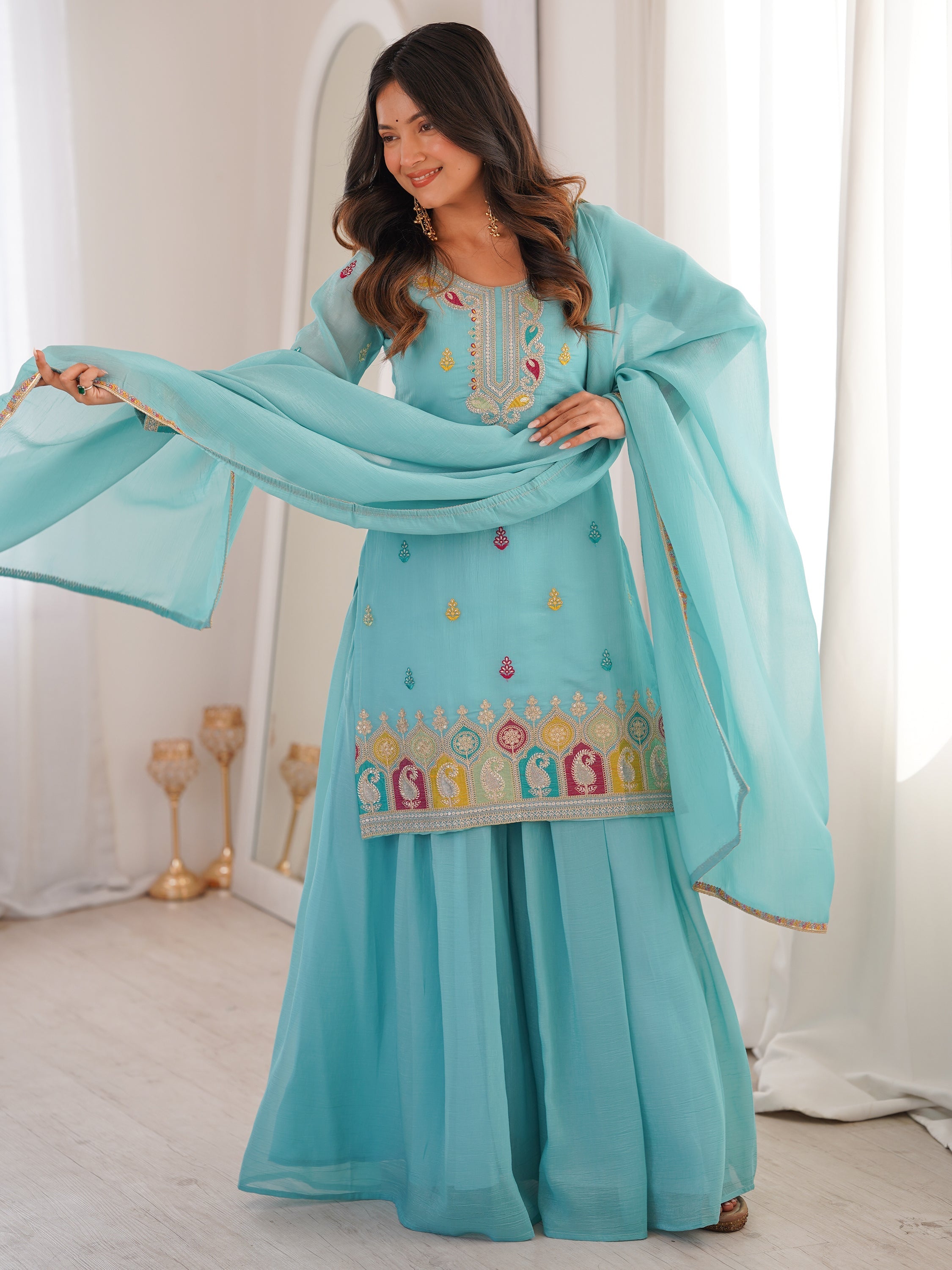 Sky Blue Zari Embroidered Silk Festival Wear Sharara Suit for Women
