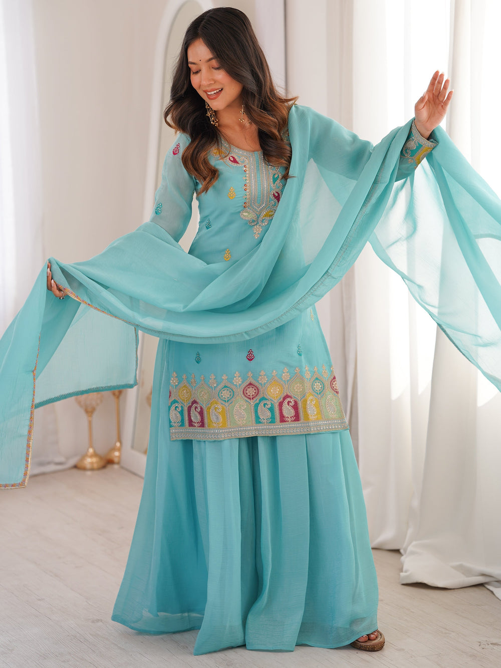 Sky Blue Zari Embroidered Silk Festival Wear Sharara Suit for Women