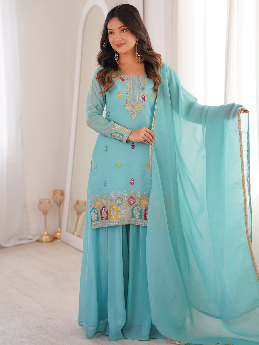 Sky Blue Zari Embroidered Silk Festival Wear Sharara Suit for Women