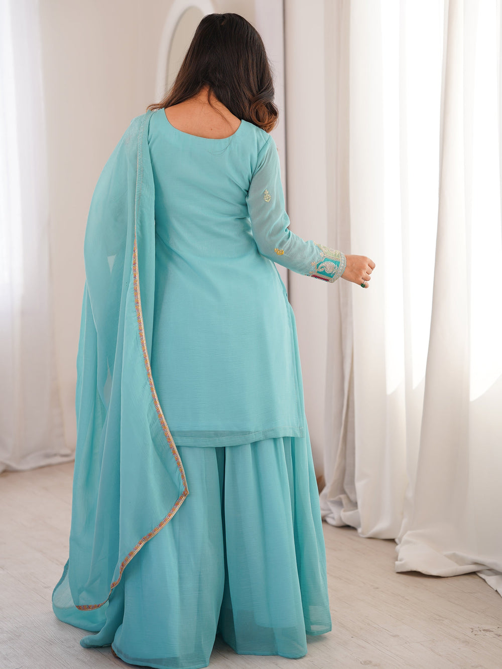 Sky Blue Zari Embroidered Silk Festival Wear Sharara Suit for Women