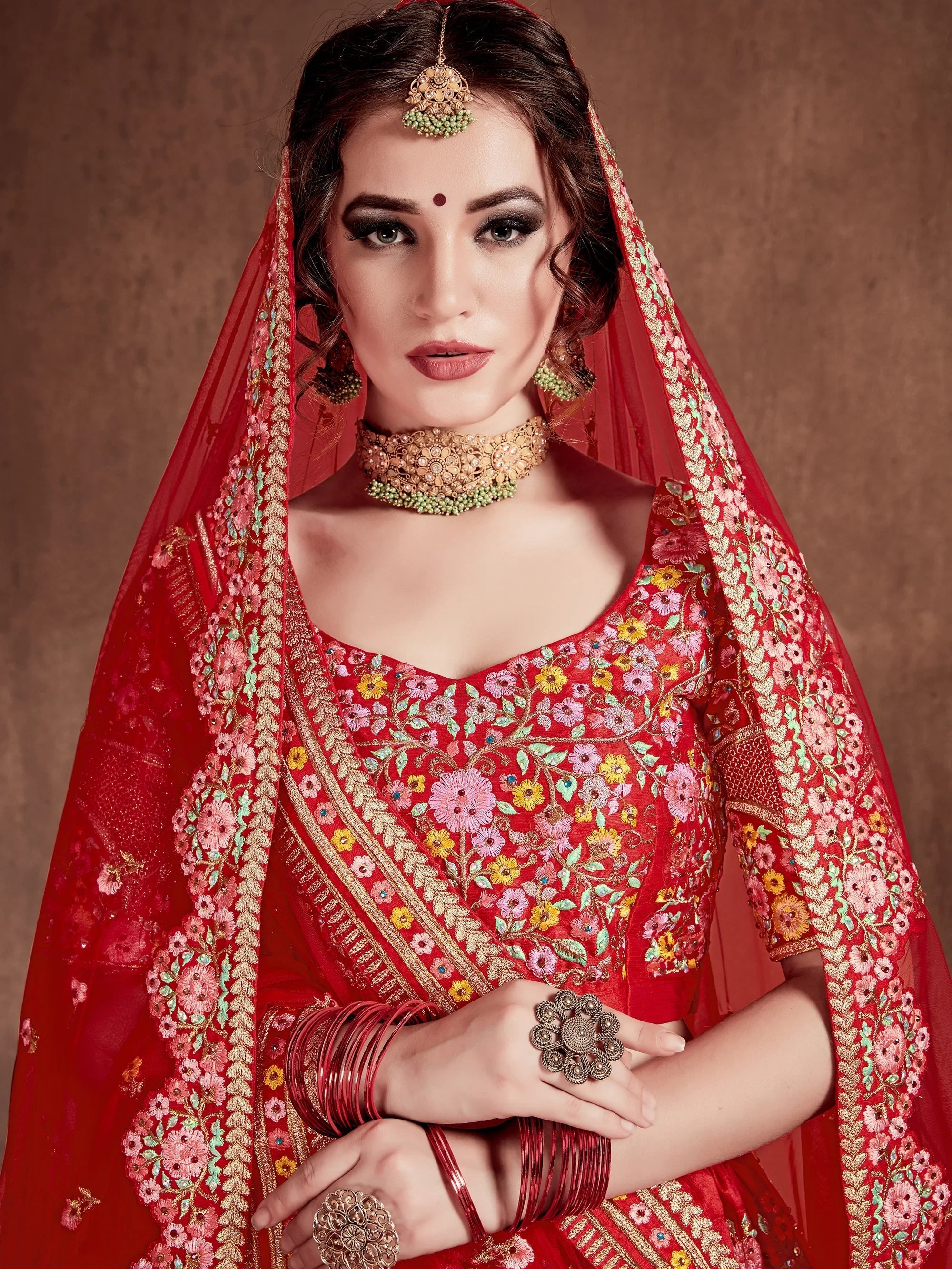 Red Embroidered Art Silk Bridal Lehenga Choli with Two Dupattas