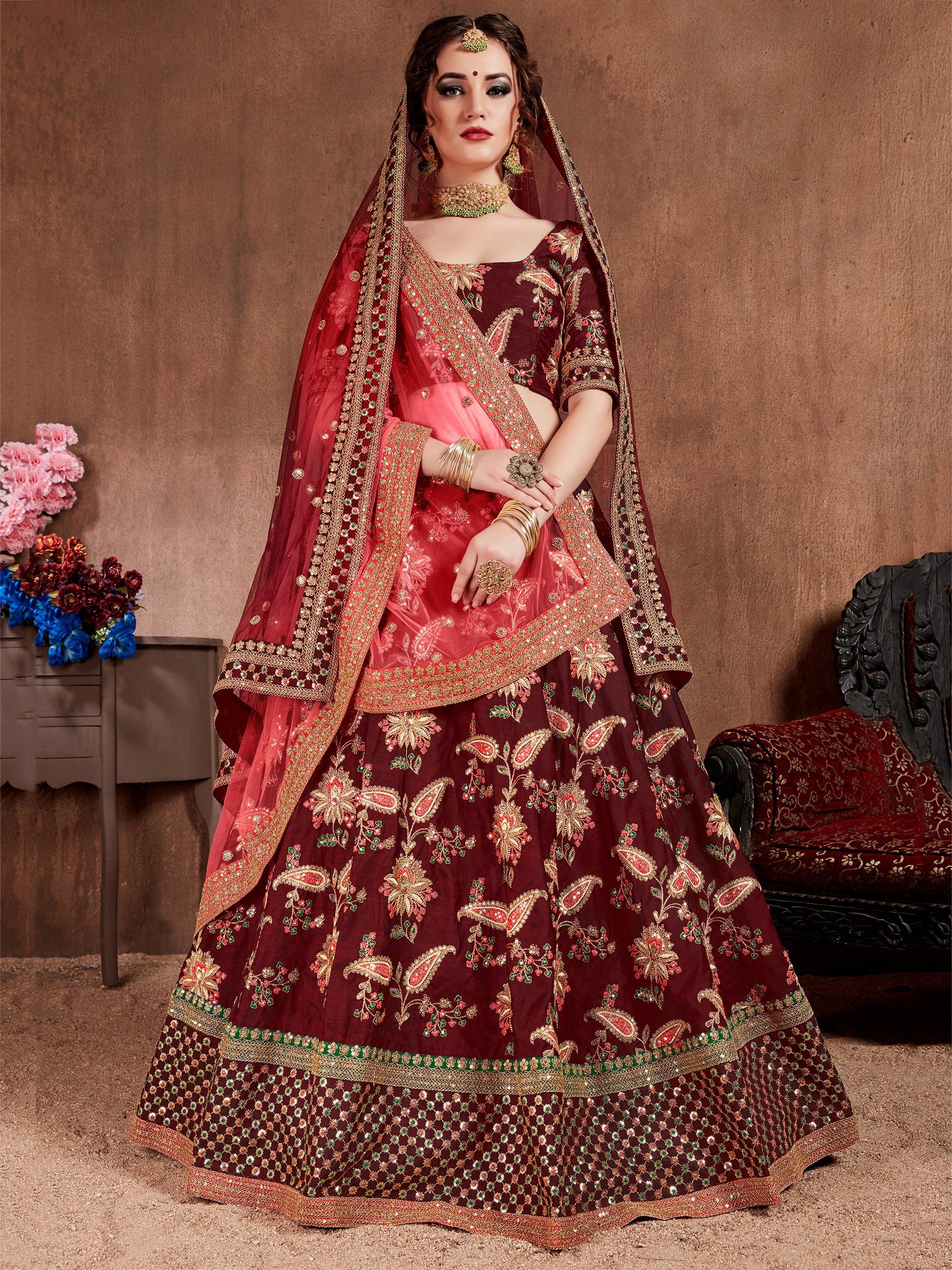 Maroon Embroidered Taffeta Bridal Lehenga Choli Ethnic Wear for Women