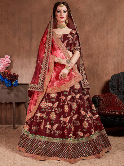 Maroon Embroidered Taffeta Bridal Lehenga Choli Ethnic Wear for Women