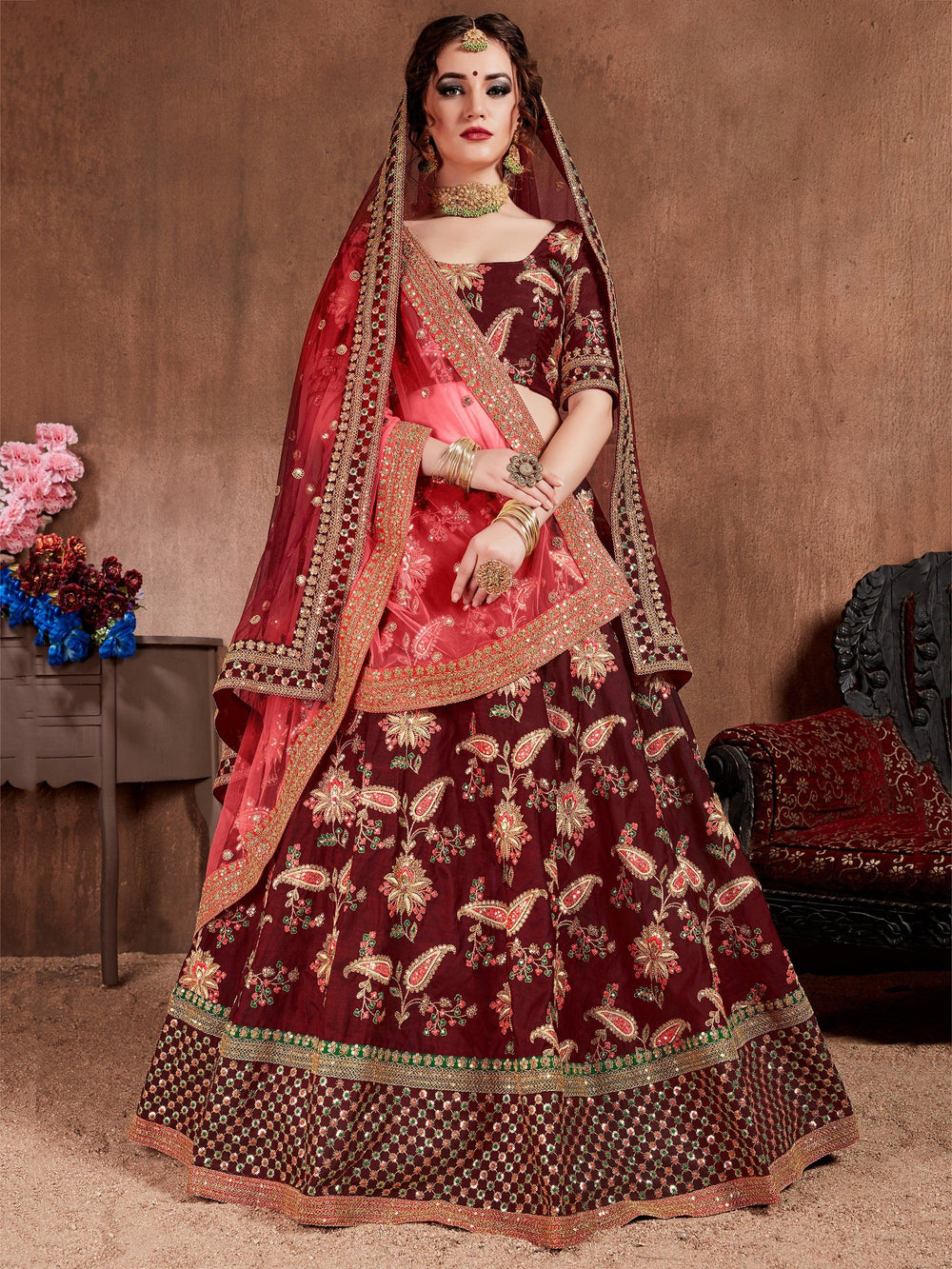 Maroon Embroidered Taffeta Bridal Lehenga Choli Ethnic Wear for Women
