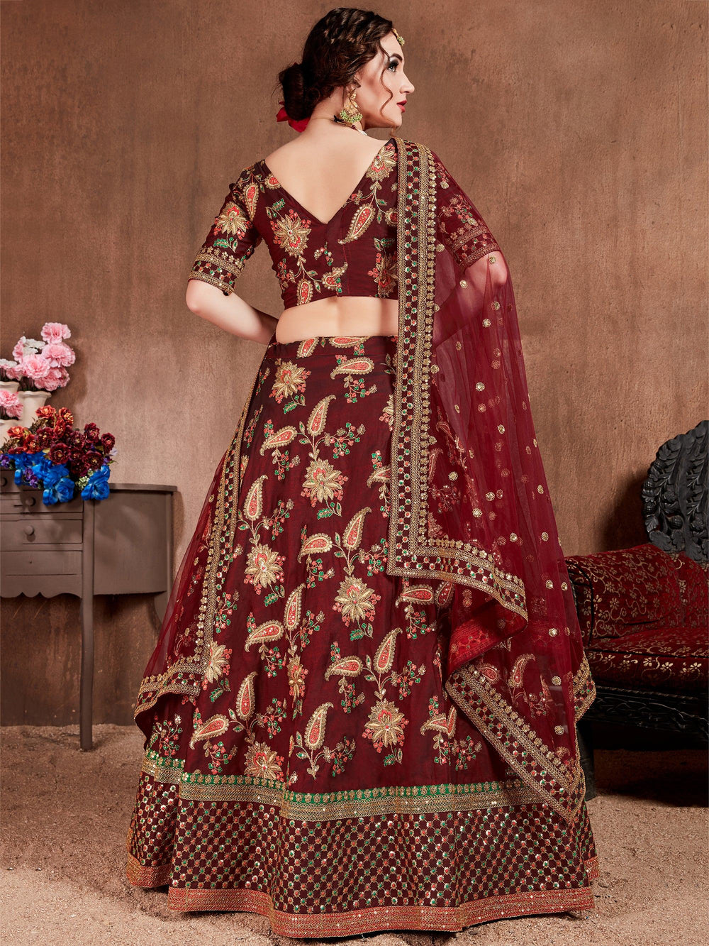 Maroon Embroidered Taffeta Bridal Lehenga Choli Ethnic Wear for Women